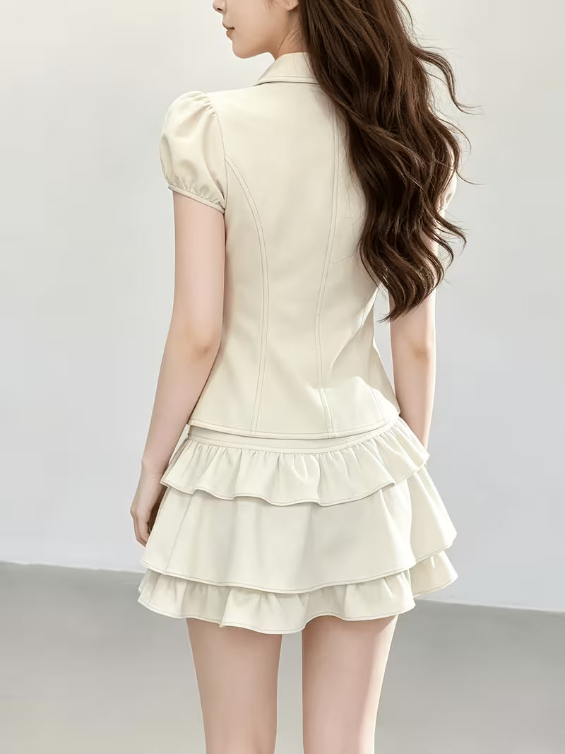 Summer New Doll Collar Puff Sleeve Waist-Cinching Short Top And High-Waist Cake Short Skirt Two-Piece Set