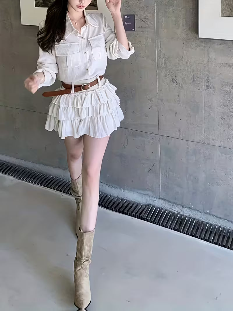 Korean-style 2pcs Set, Trendy and Individual, and Versatile, Loose-fitting Cropped Shirt with Cake-style Mini Skirt for Women
