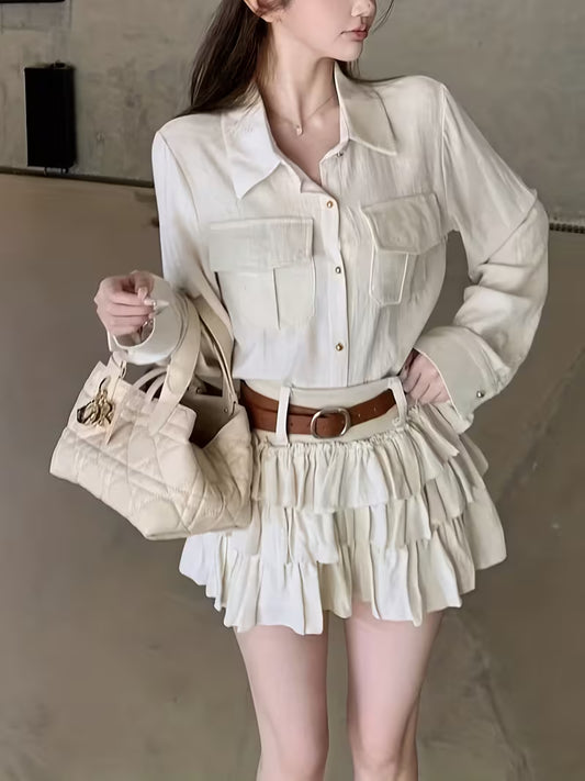 Korean-style 2pcs Set, Trendy and Individual, and Versatile, Loose-fitting Cropped Shirt with Cake-style Mini Skirt for Women