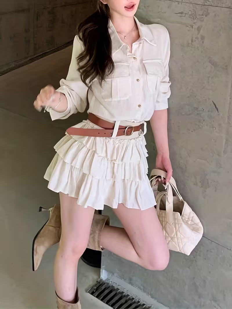 Korean-style 2pcs Set, Trendy and Individual, and Versatile, Loose-fitting Cropped Shirt with Cake-style Mini Skirt for Women
