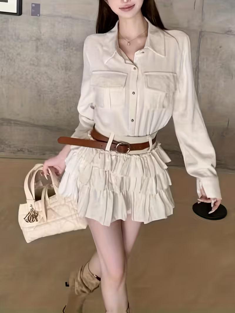 Korean-style 2pcs Set, Trendy and Individual, and Versatile, Loose-fitting Cropped Shirt with Cake-style Mini Skirt for Women