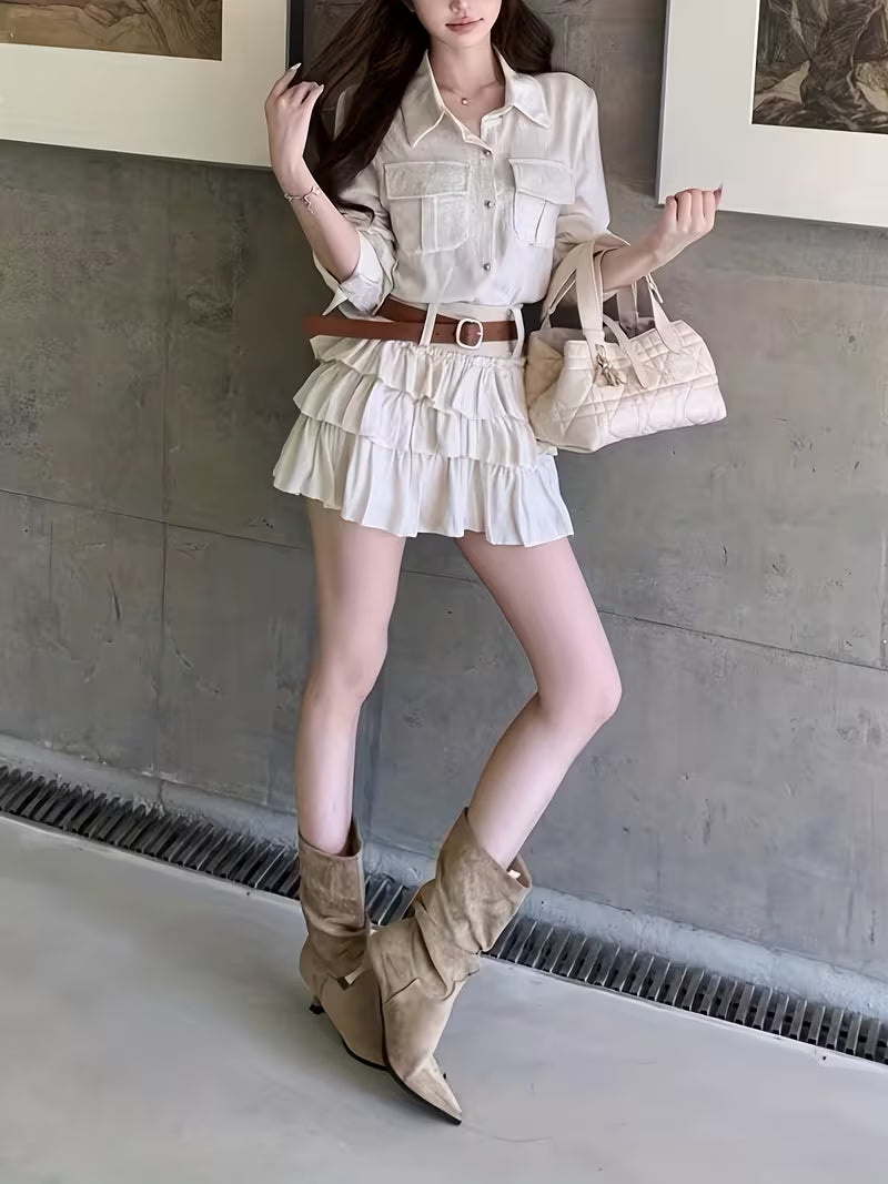 Korean-style 2pcs Set, Trendy and Individual, and Versatile, Loose-fitting Cropped Shirt with Cake-style Mini Skirt for Women