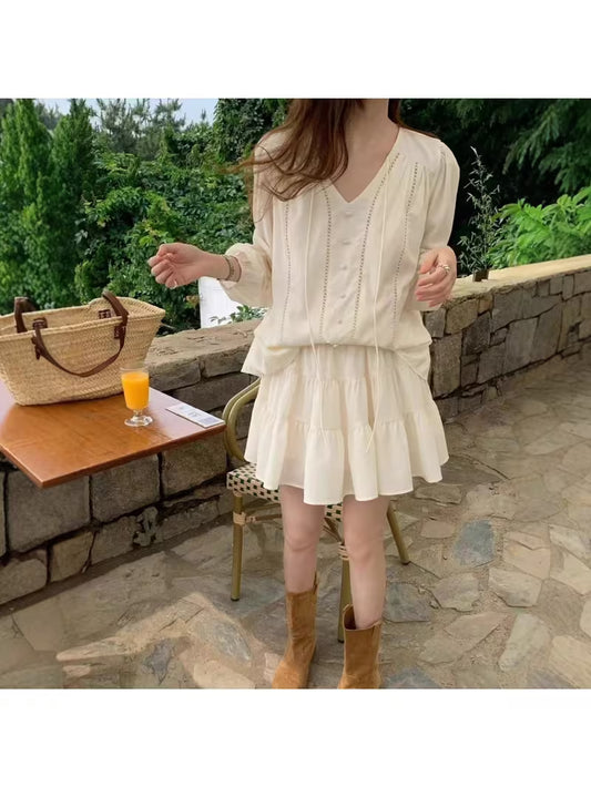 2025 Spring New French Heavy Industry Age-reducing Small Fresh Shirt + High Waist Skirt Set
