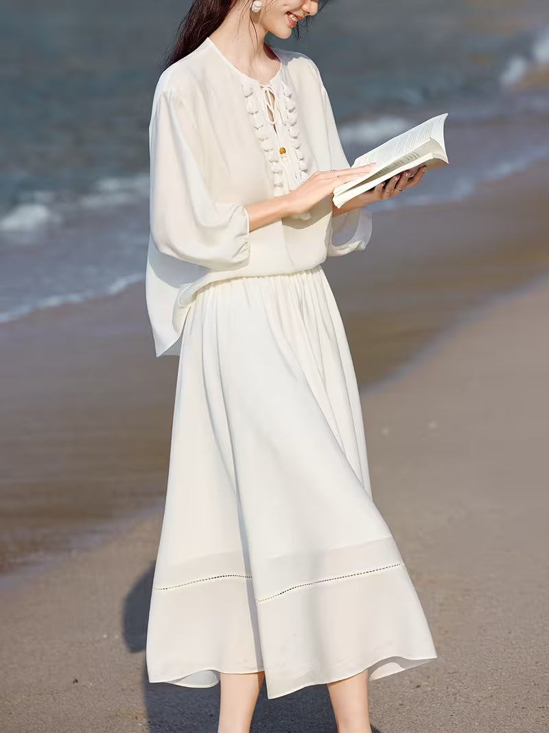 2pcs Shirt + Skirt Set for Women, New Spring/Summer Style, Includes Acetate Skirt with a Vacation-Inspired Handmade Tassel Set, Elegant and Graceful New Spring/Summer Urban Vacation Style with Sheer Acetate Set