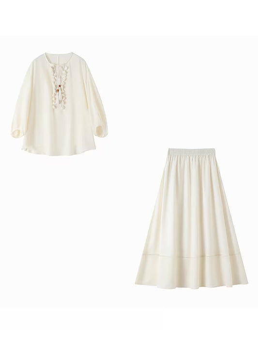 2pcs Shirt + Skirt Set for Women, New Spring/Summer Style, Includes Acetate Skirt with a Vacation-Inspired Handmade Tassel Set, Elegant and Graceful New Spring/Summer Urban Vacation Style with Sheer Acetate Set