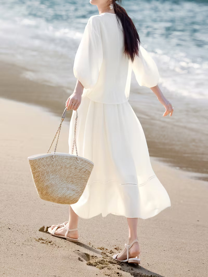 2pcs Shirt + Skirt Set for Women, New Spring/Summer Style, Includes Acetate Skirt with a Vacation-Inspired Handmade Tassel Set, Elegant and Graceful New Spring/Summer Urban Vacation Style with Sheer Acetate Set