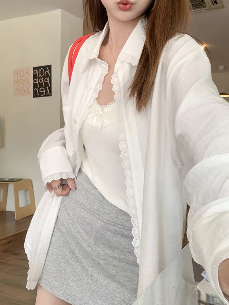 Women's White Lace Long Sleeve Shirt Jacket, Summer New Korean Style Loose Lazy Long Sleeve Top Coat