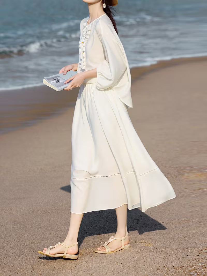 2pcs Shirt + Skirt Set for Women, New Spring/Summer Style, Includes Acetate Skirt with a Vacation-Inspired Handmade Tassel Set, Elegant and Graceful New Spring/Summer Urban Vacation Style with Sheer Acetate Set