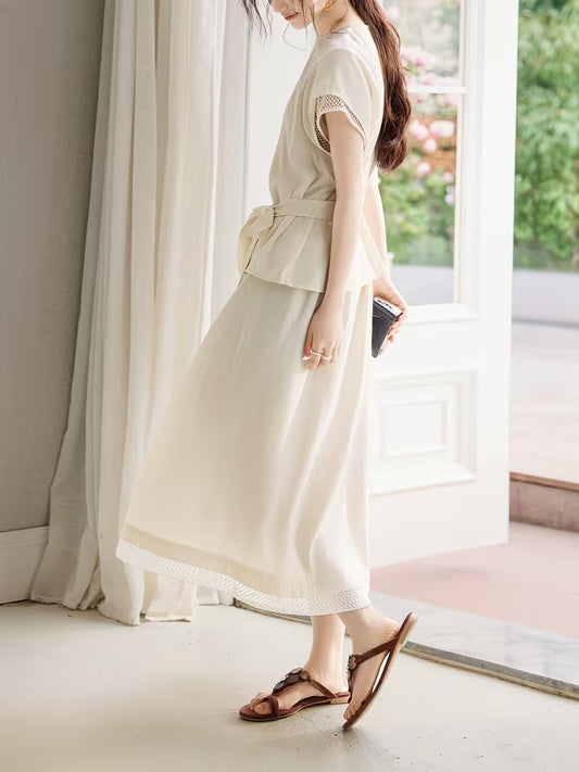 Women's Spring/Summer New Arrival 2pcs Set: Morning Prelude, Elegant Temperament, New Spring/Summer Women's A-Line Skirt with Lace Patchwork, Waist Tie, Elegant Commuting Set
