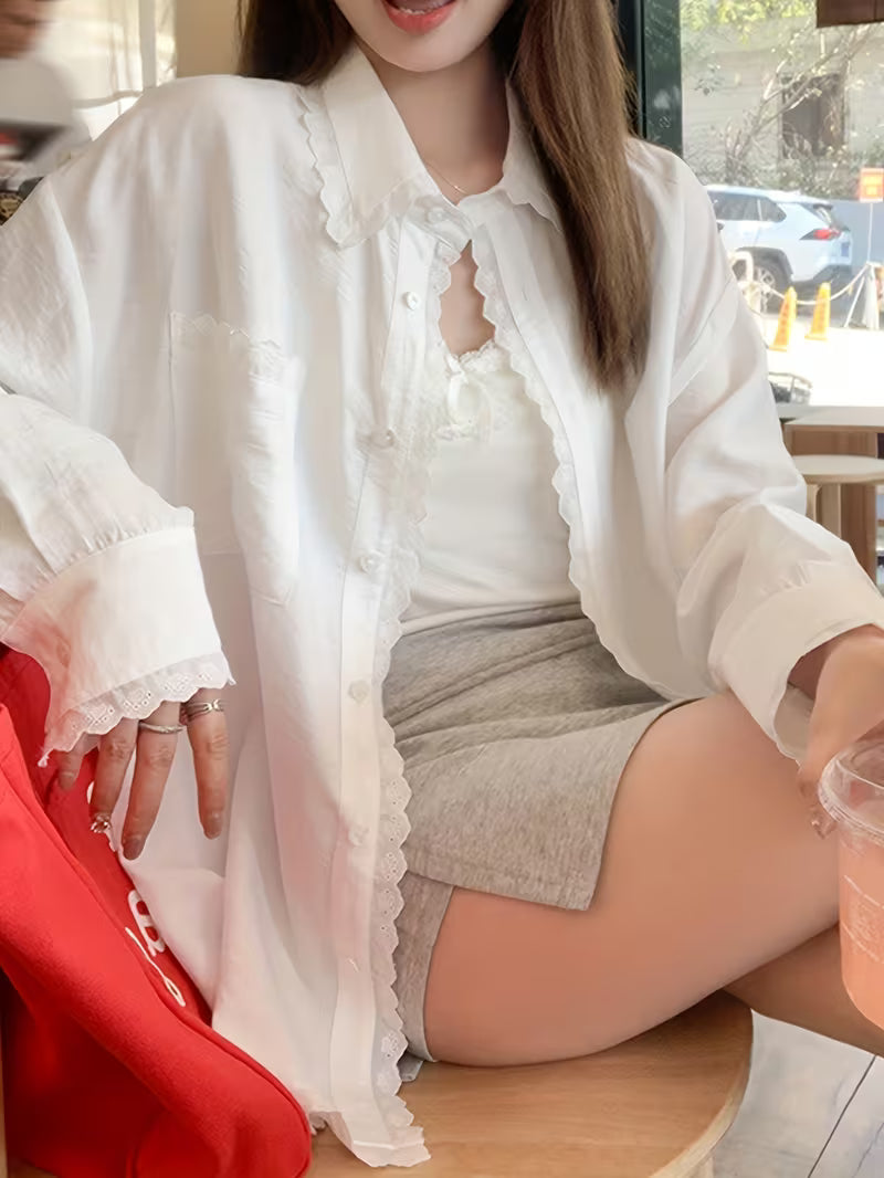 Women's White Lace Long Sleeve Shirt Jacket, Summer New Korean Style Loose Lazy Long Sleeve Top Coat