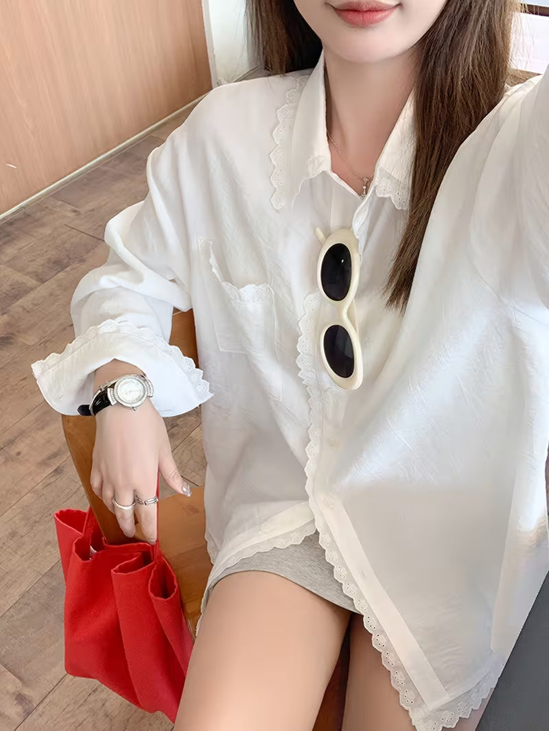 Women's White Lace Long Sleeve Shirt Jacket, Summer New Korean Style Loose Lazy Long Sleeve Top Coat