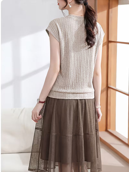 Mom's Summer Fashion Skirt and Short-Sleeve T-Shirt Set, 2026 New Style, for Middle-Aged and Elderly Women, Elegant, Stylish,, Versatile, and Comfortable 2pcs Set