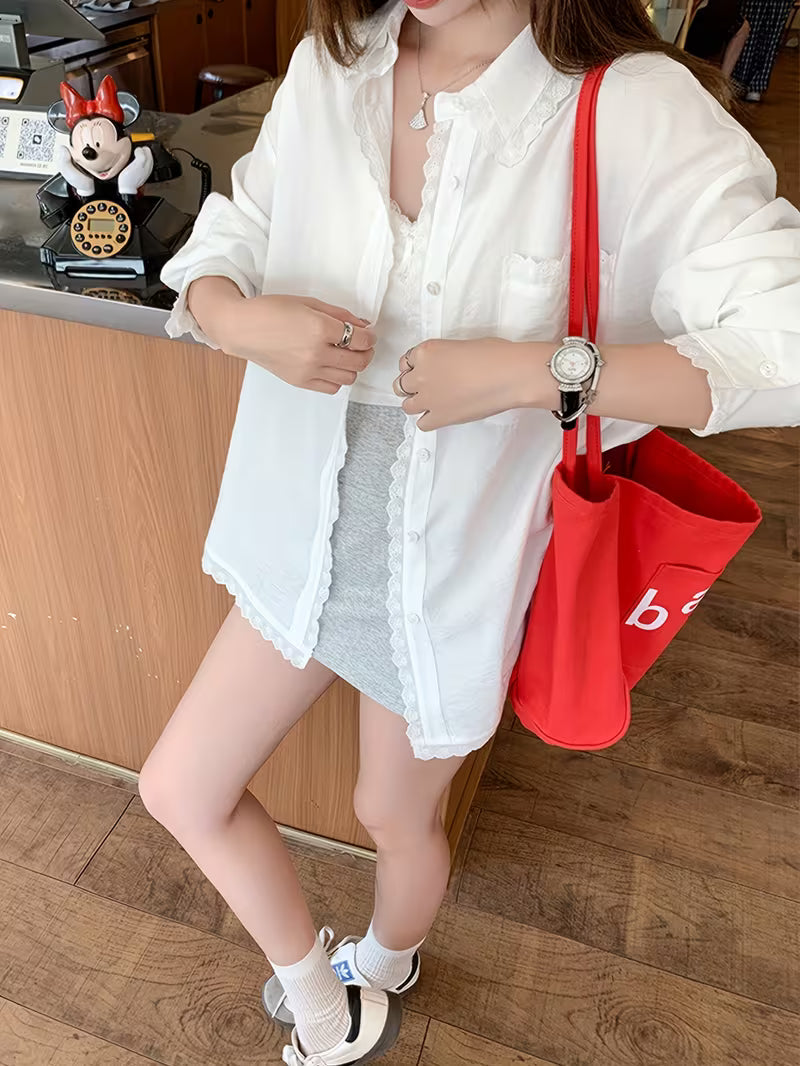 Women's White Lace Long Sleeve Shirt Jacket, Summer New Korean Style Loose Lazy Long Sleeve Top Coat