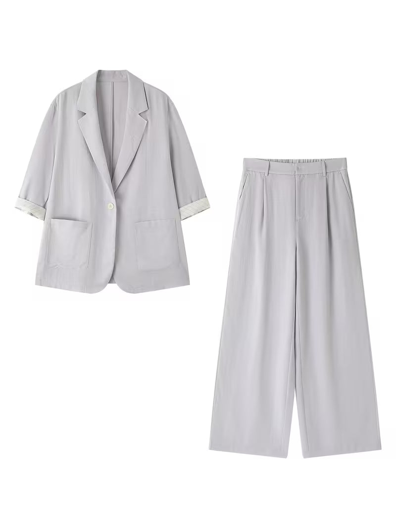 2pcs New Women's Spring/Summer Pants Set, Simple and Lightweight Professional Outfit, Three-Quarter Sleeve Blazer + Dress Pants, New Spring/Summer Women's Workwear for Office Commuting