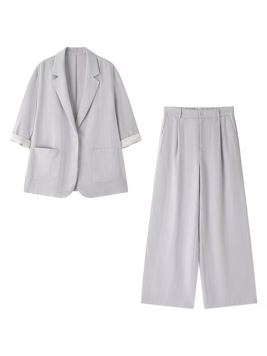 2pcs New Women's Spring/Summer Pants Set, Simple and Lightweight Professional Outfit, Three-Quarter Sleeve Blazer + Dress Pants, New Spring/Summer Women's Workwear for Office Commuting