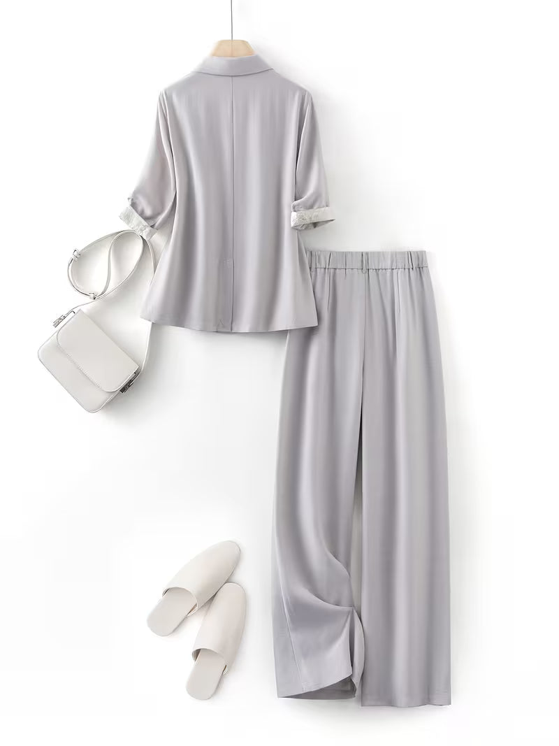 2pcs New Women's Spring/Summer Pants Set, Simple and Lightweight Professional Outfit, Three-Quarter Sleeve Blazer + Dress Pants, New Spring/Summer Women's Workwear for Office Commuting
