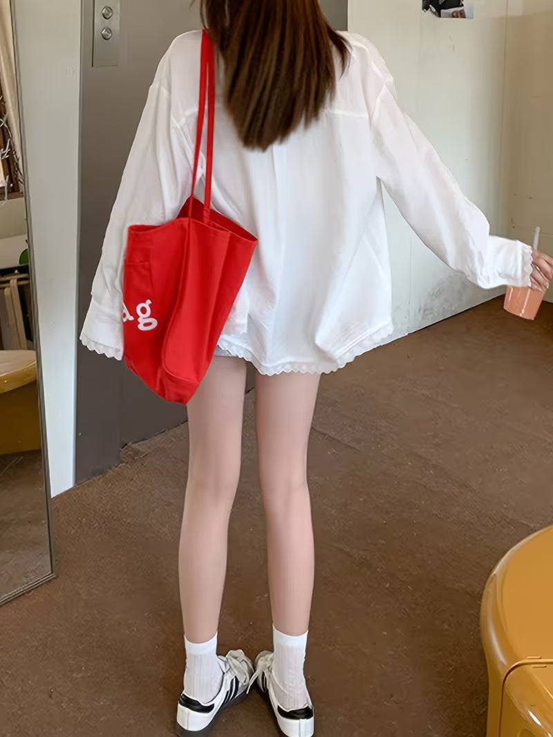 Women's White Lace Long Sleeve Shirt Jacket, Summer New Korean Style Loose Lazy Long Sleeve Top Coat