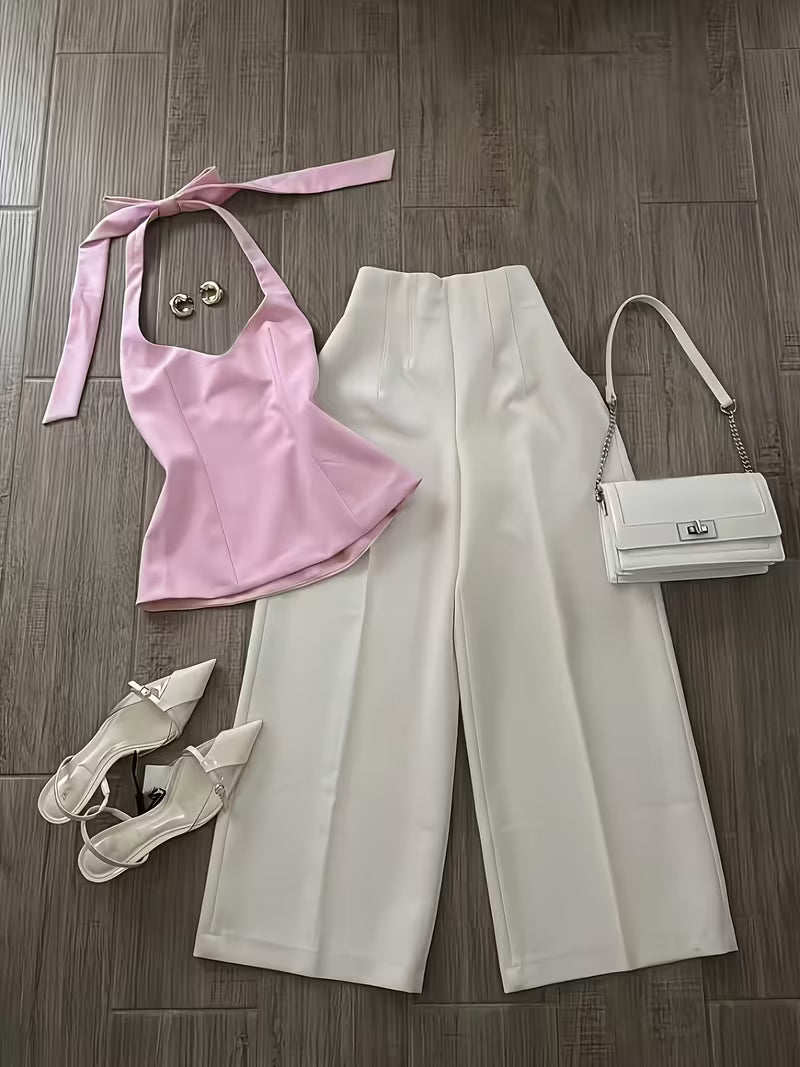[Halter Neck Camisole Set] Women's and Gentle Mature Style Halter Neck Camisole Top + Wide-Leg Pants Set, 2pcs Set, Women's Set, Women's 2pcs Outfit