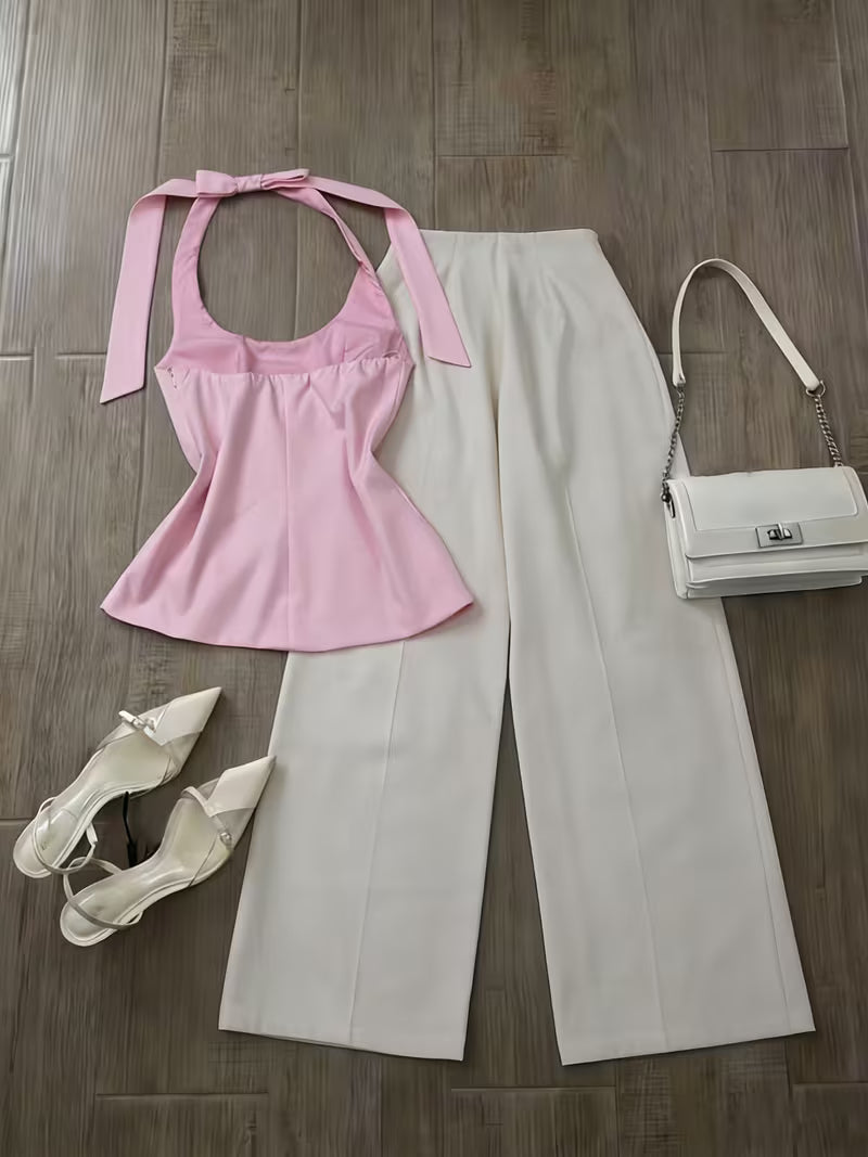 [Halter Neck Camisole Set] Women's and Gentle Mature Style Halter Neck Camisole Top + Wide-Leg Pants Set, 2pcs Set, Women's Set, Women's 2pcs Outfit