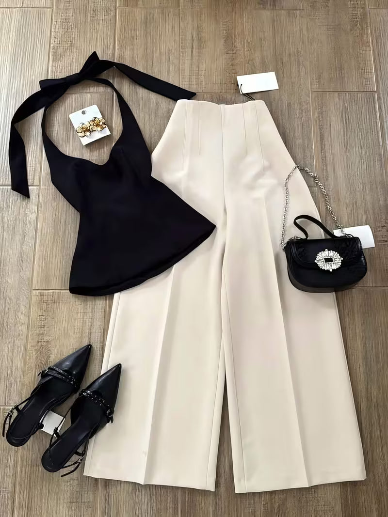 [Halter Neck Camisole Set] Women's and Gentle Mature Style Halter Neck Camisole Top + Wide-Leg Pants Set, 2pcs Set, Women's Set, Women's 2pcs Outfit