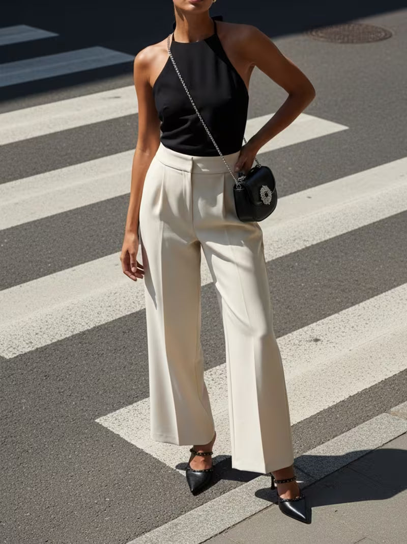 [Halter Neck Camisole Set] Women's and Gentle Mature Style Halter Neck Camisole Top + Wide-Leg Pants Set, 2pcs Set, Women's Set, Women's 2pcs Outfit