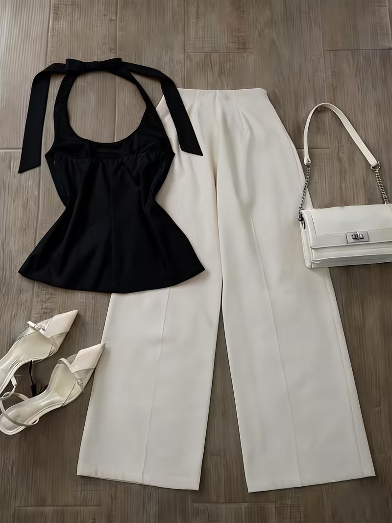 [Halter Neck Camisole Set] Women's and Gentle Mature Style Halter Neck Camisole Top + Wide-Leg Pants Set, 2pcs Set, Women's Set, Women's 2pcs Outfit