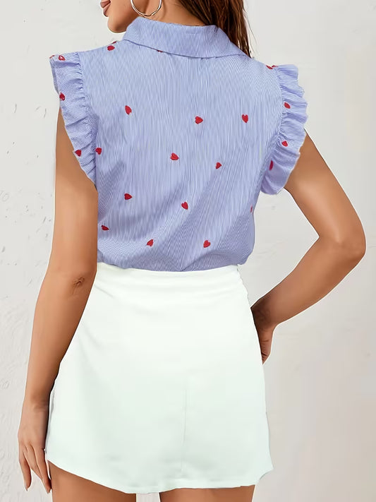 Spring/Summer Women's Love Button Shirt, Solid Color Skirt
