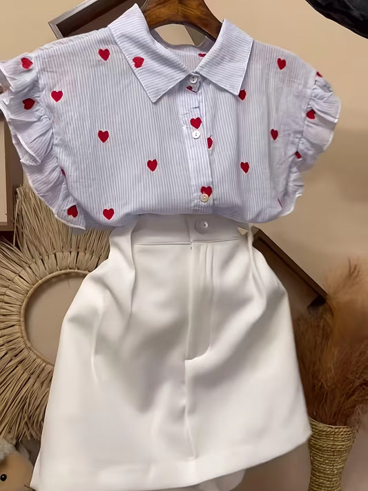 Spring/Summer Women's Love Button Shirt, Solid Color Skirt
