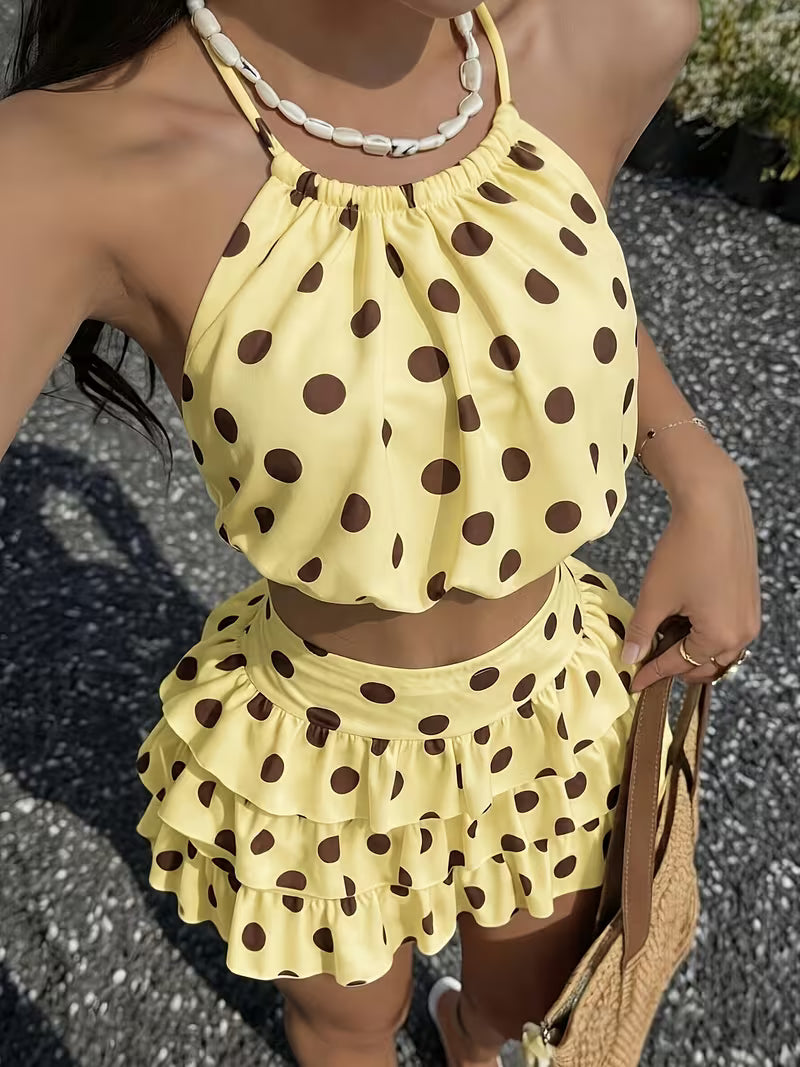 Elegant Direction Women'S Spring Summer New Polka Dot Print Halter Cami Top And Mini Cake Skirt Fashion Set, 2pcs Outfit