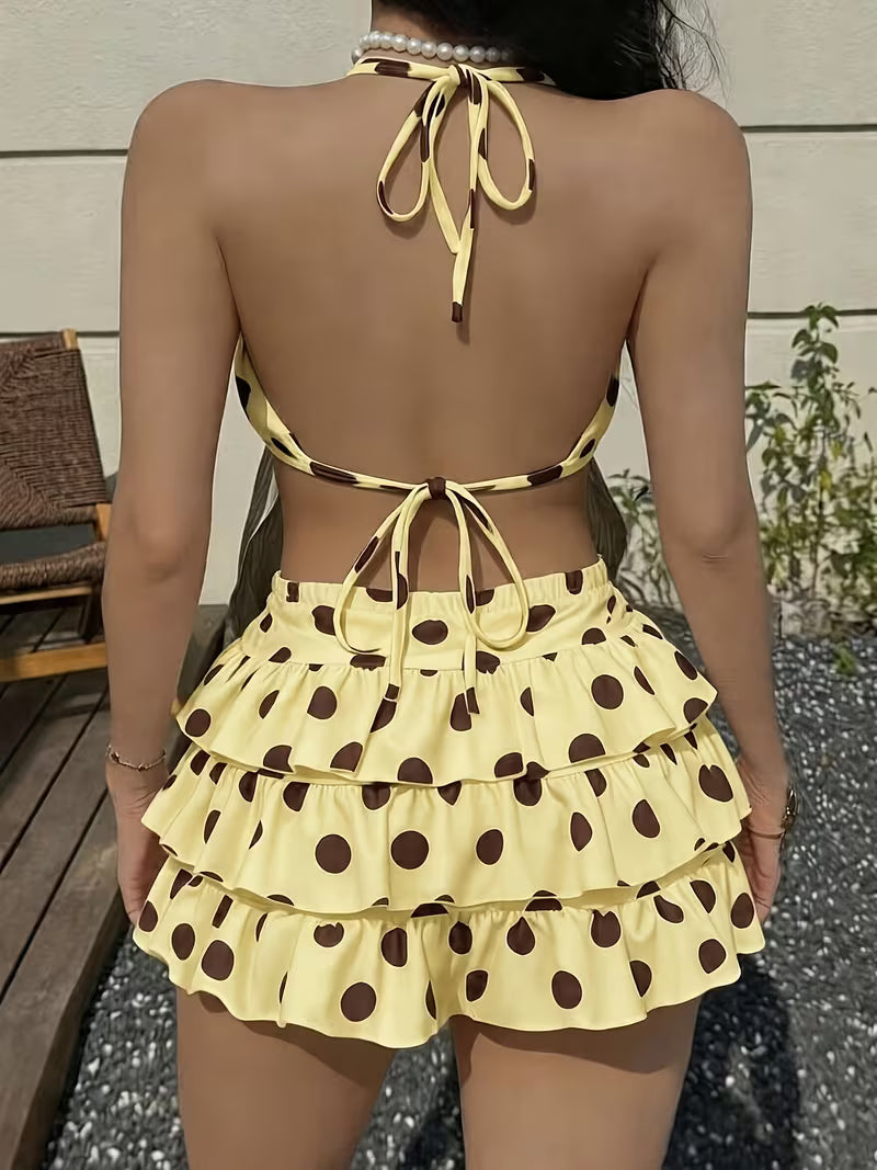 Elegant Direction Women'S Spring Summer New Polka Dot Print Halter Cami Top And Mini Cake Skirt Fashion Set, 2pcs Outfit