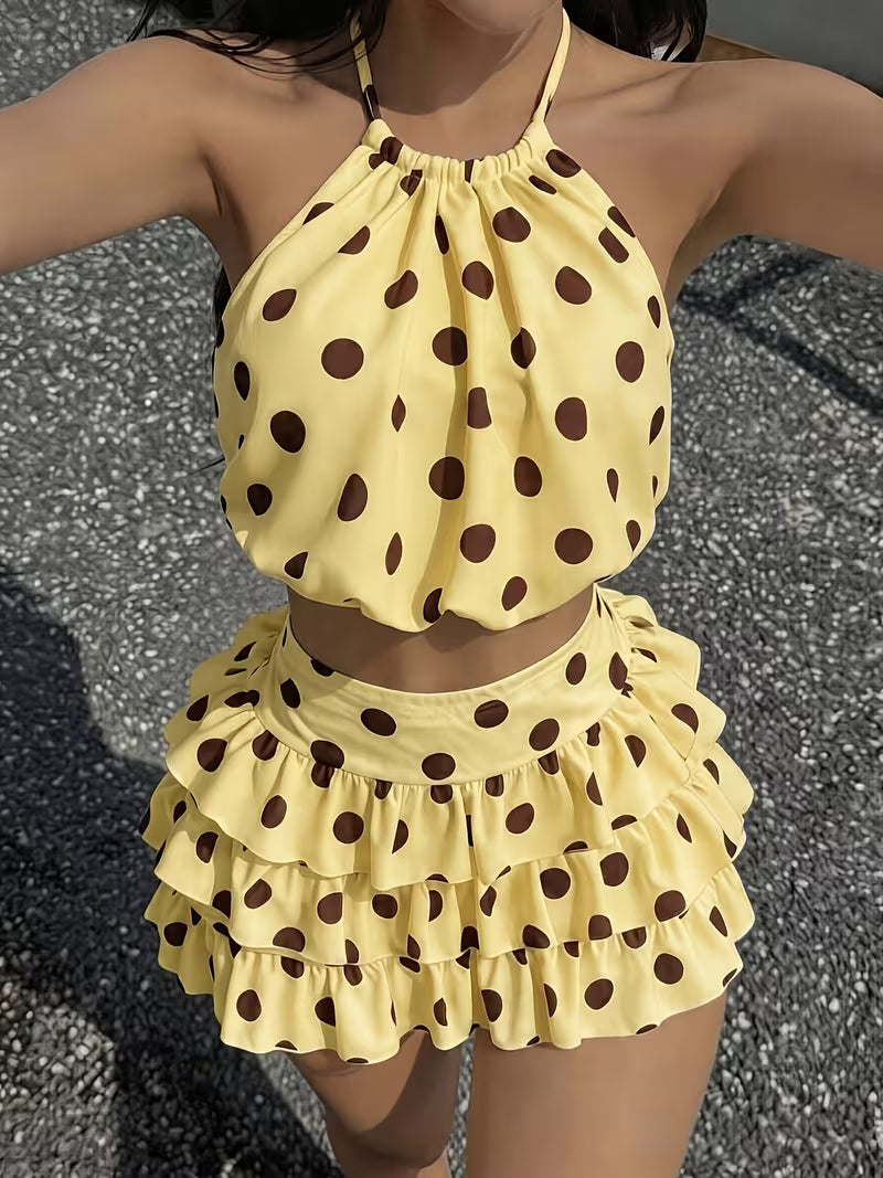 Elegant Direction Women'S Spring Summer New Polka Dot Print Halter Cami Top And Mini Cake Skirt Fashion Set, 2pcs Outfit