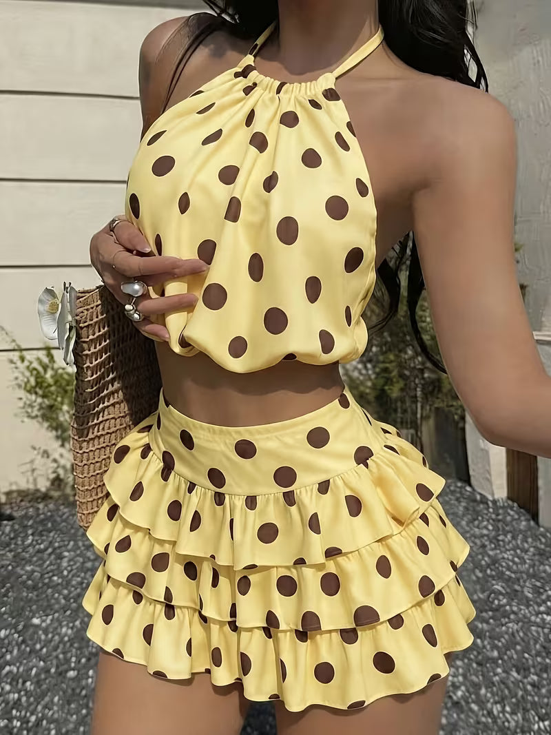 Elegant Direction Women'S Spring Summer New Polka Dot Print Halter Cami Top And Mini Cake Skirt Fashion Set, 2pcs Outfit