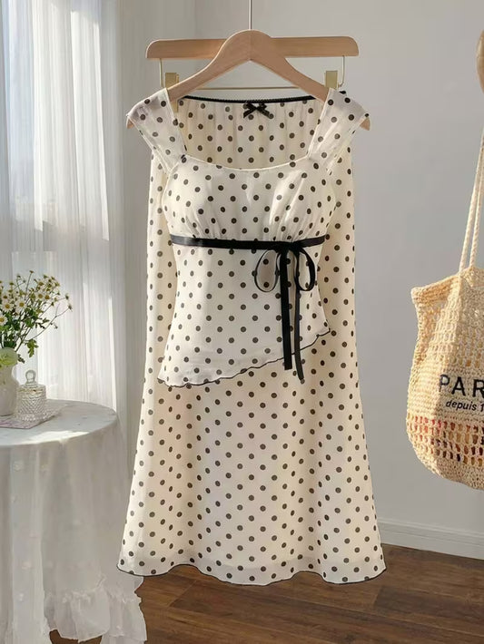 2pcs Polka Dot Skirt Set a Strappy Top with Cap Sleeves and Tie up Detailing, Paired with a Fishtail Skirt Featuring a Lace Waistband, Bow Detail and Cut-out Design. Sweet and Girly with a Retro Vibe, Perfect for Casual Attire, Commuting