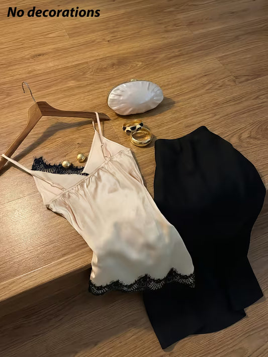 [Women's Skirt Set] Elegant Party Wear - All-Season Skirt Set, Lace-Trimmed Satin Contrast Camisole And High-Waist Satin Skirt 2pcs Set, Suitable for Vacation, Outing, Home, Gatherings, Socializing, New Year Outfit, Valentine's Day, Women's Clothing