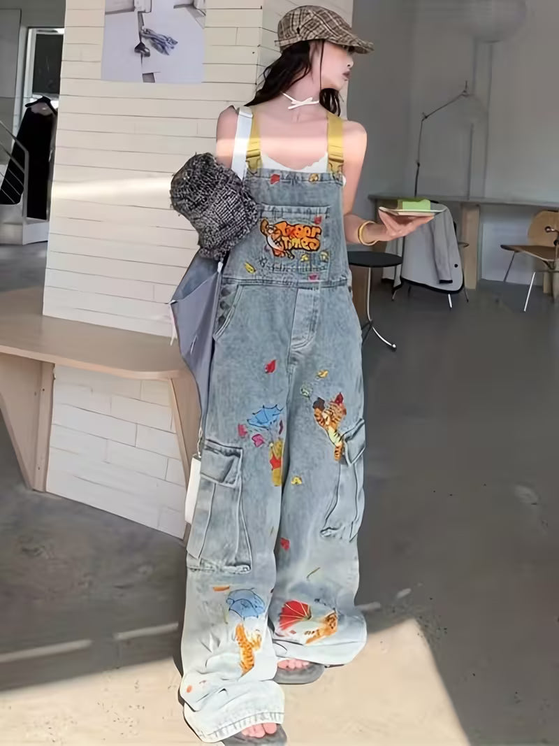Cartoon Embroidered Washed Denim Overalls for Women New Loose Jumpsuit