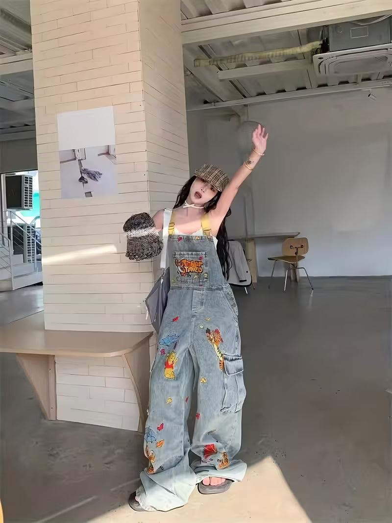 Cartoon Embroidered Washed Denim Overalls for Women New Loose Jumpsuit