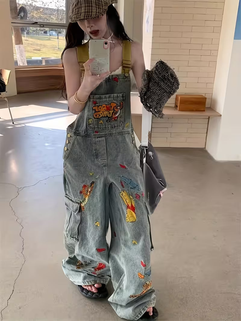 Cartoon Embroidered Washed Denim Overalls for Women New Loose Jumpsuit