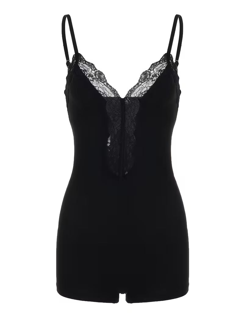 Lace-stitched Thin-Suspender Dress-short Set, Sexy and Hot Style, Basic Slim-fit Camisole Jumpsuit