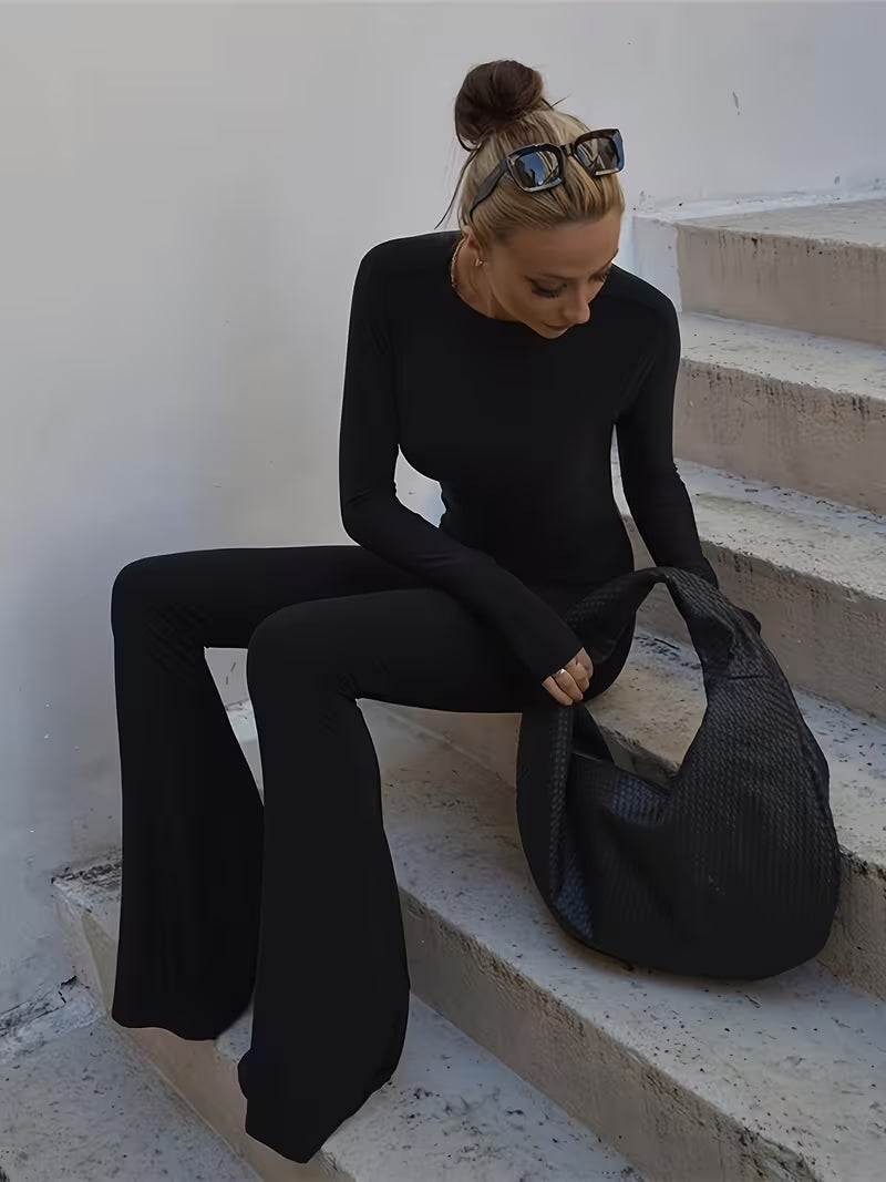 [Black Minimalist] Black Minimalist Jumpsuit | Casual High-Elastic Tight-Fitting Sexy Backless Long-Sleeve Straight-Leg Wide-Leg