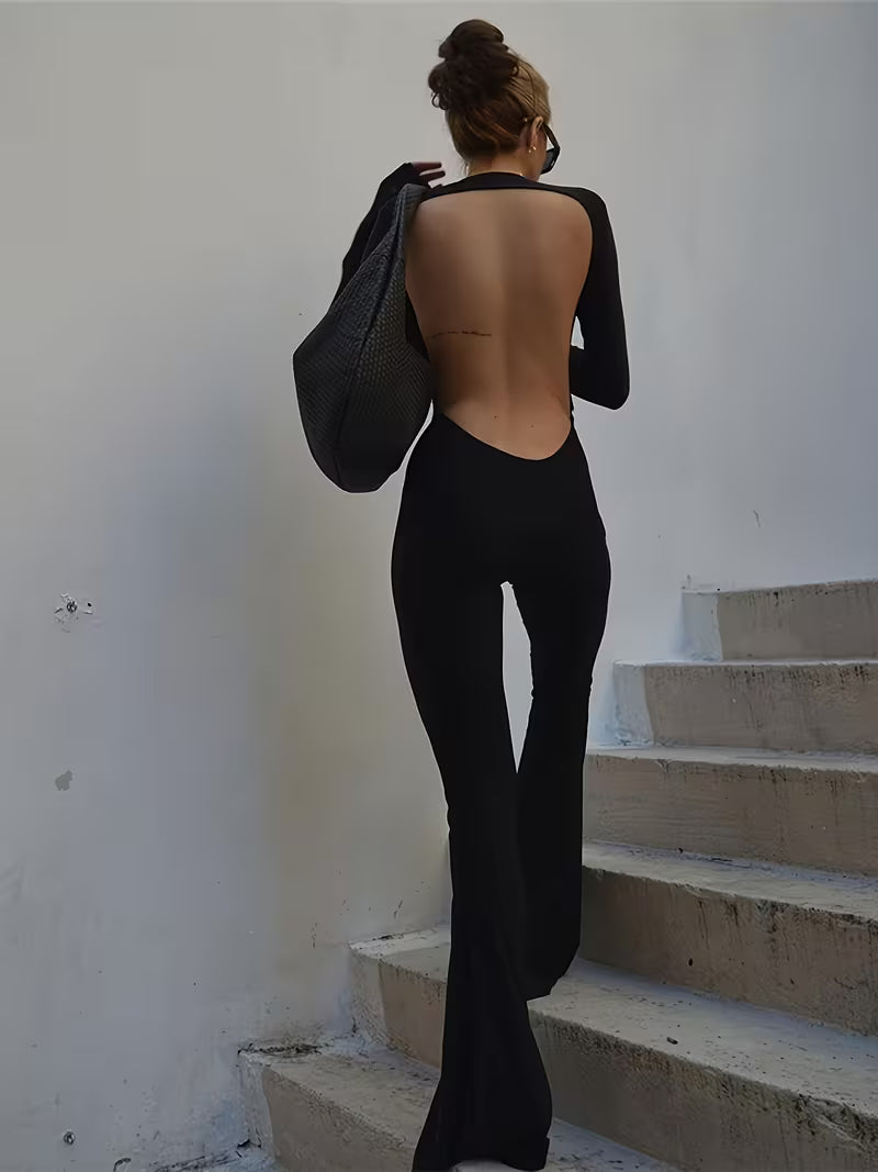 [Black Minimalist] Black Minimalist Jumpsuit | Casual High-Elastic Tight-Fitting Sexy Backless Long-Sleeve Straight-Leg Wide-Leg