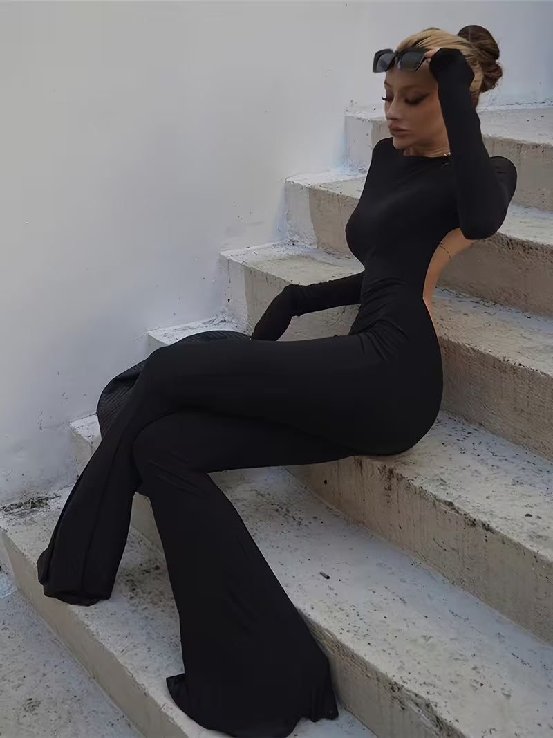 [Black Minimalist] Black Minimalist Jumpsuit | Casual High-Elastic Tight-Fitting Sexy Backless Long-Sleeve Straight-Leg Wide-Leg