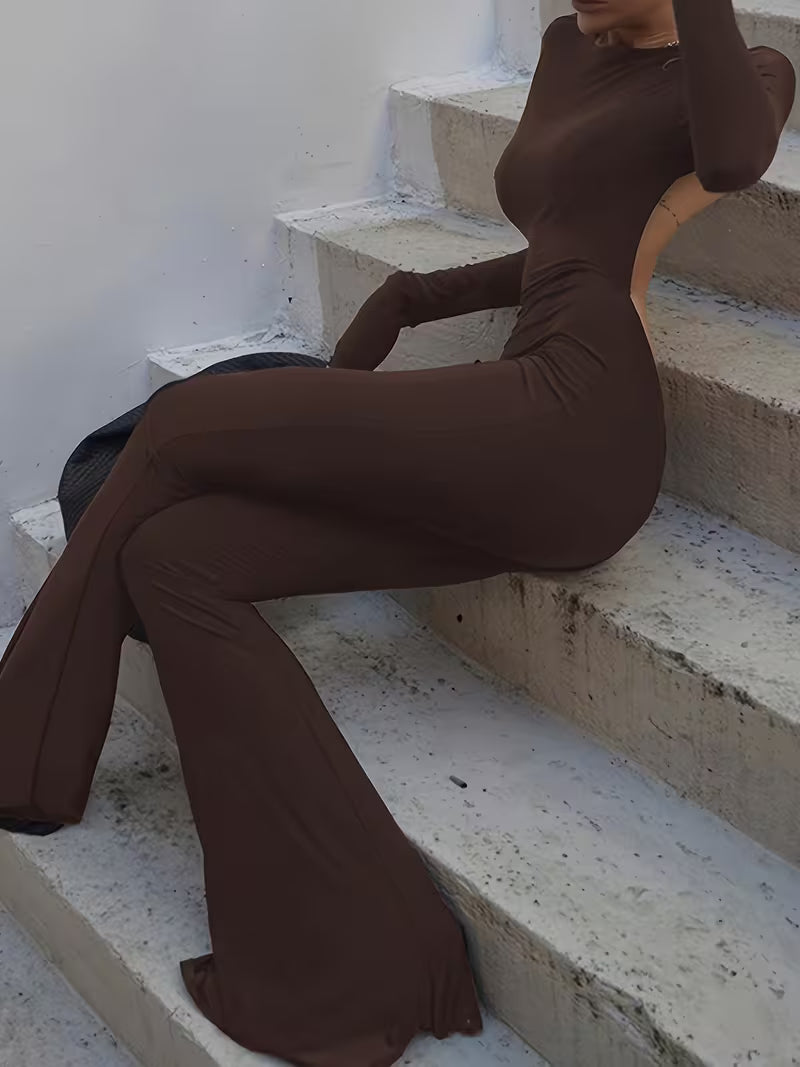 [Black Minimalist] Black Minimalist Jumpsuit | Casual High-Elastic Tight-Fitting Sexy Backless Long-Sleeve Straight-Leg Wide-Leg