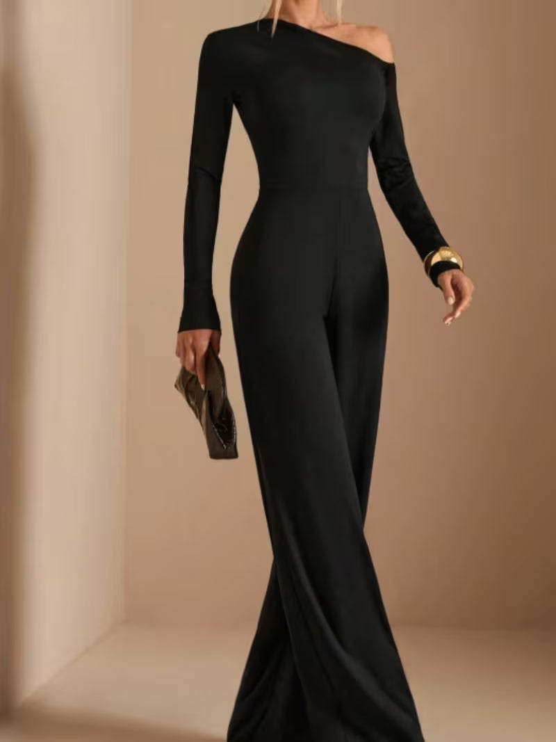 Women's Elegant Asymmetric Off Shoulder Long Sleeve Wide Leg Romper • Solid Black Casual Jumpsuit for Spring Summer