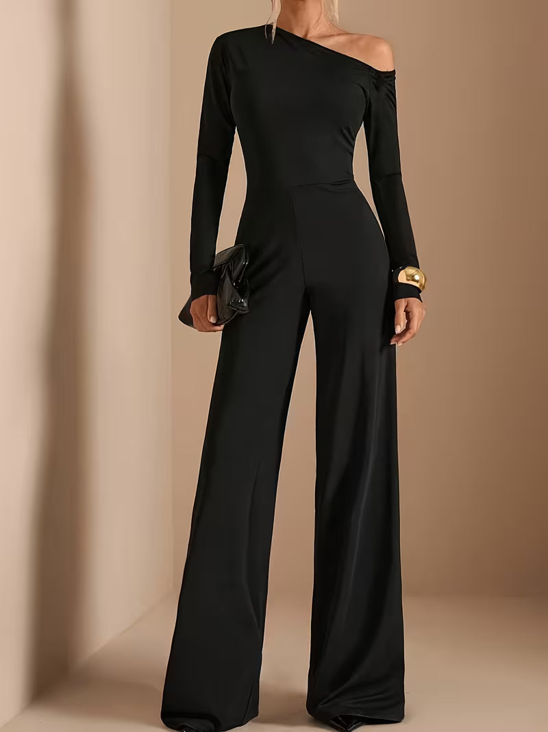 Women's Elegant Asymmetric Off Shoulder Long Sleeve Wide Leg Romper • Solid Black Casual Jumpsuit for Spring Summer