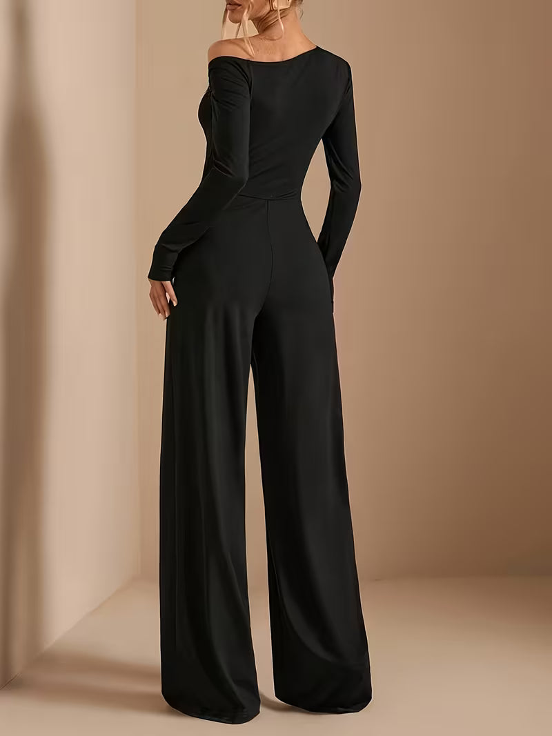 Women's Elegant Asymmetric Off Shoulder Long Sleeve Wide Leg Romper • Solid Black Casual Jumpsuit for Spring Summer