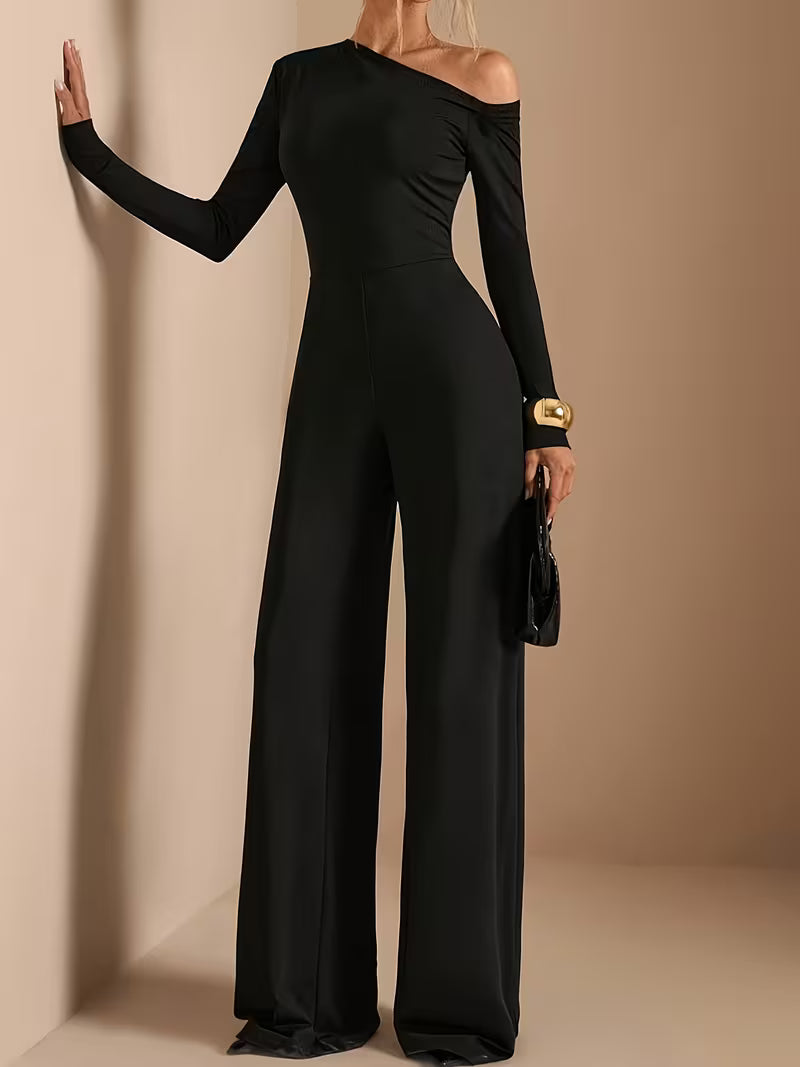 Women's Elegant Asymmetric Off Shoulder Long Sleeve Wide Leg Romper • Solid Black Casual Jumpsuit for Spring Summer