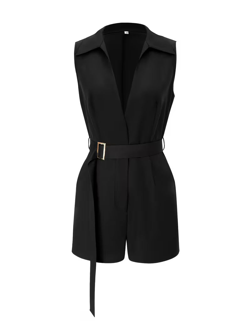 French Elegant High-End Solid Color Jumpsuit Shorts Sleeveless V-Waist Belt Waist Wide-Leg Shorts Daily Commute Versatile