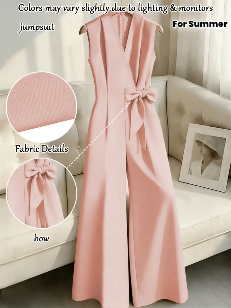 Women's Jumpsuit, Sleeveless V-Neck Design with Side Bow Decoration, Polyester Fiber Fabric with Diagonal Texture