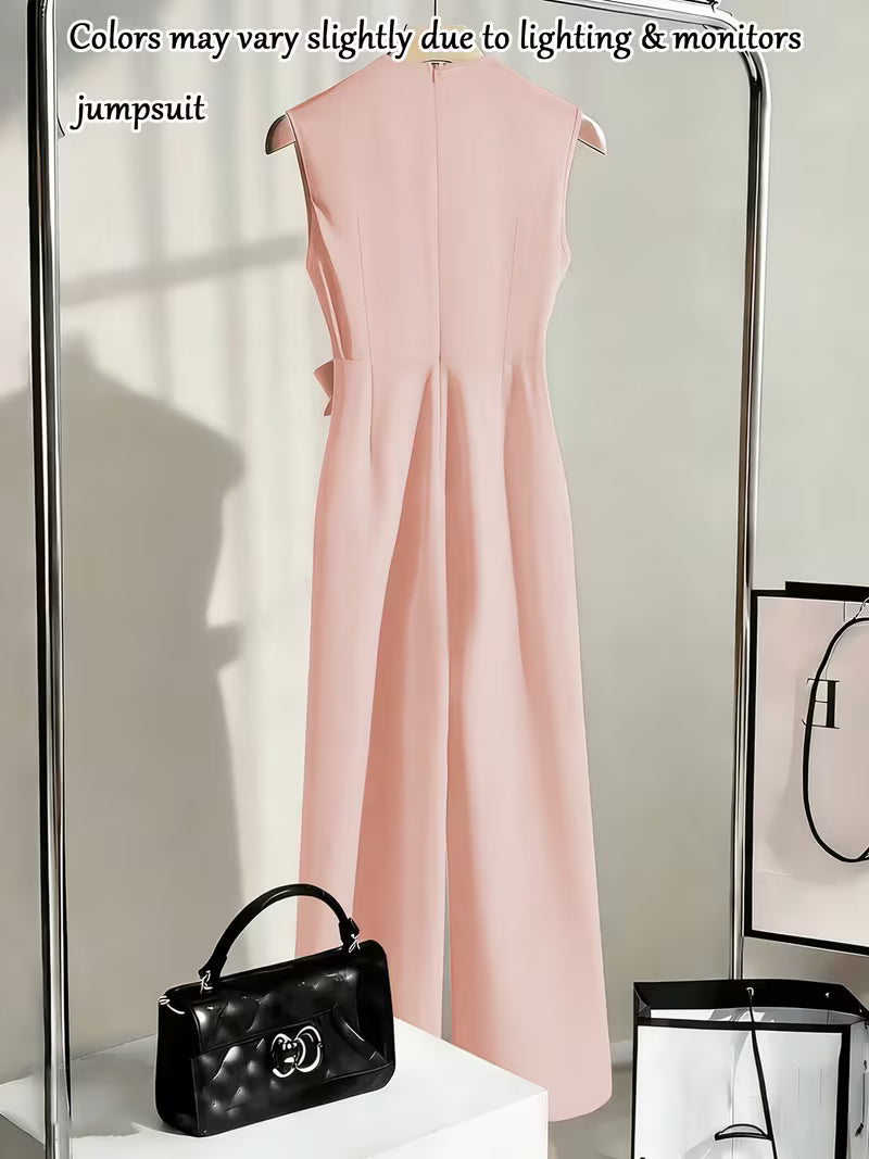 Women's Jumpsuit, Sleeveless V-Neck Design with Side Bow Decoration, Polyester Fiber Fabric with Diagonal Texture