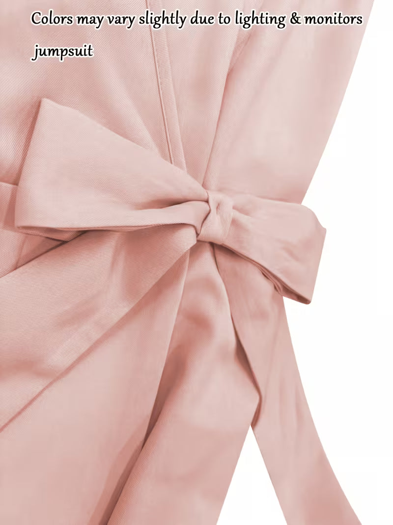 Women's Jumpsuit, Sleeveless V-Neck Design with Side Bow Decoration, Polyester Fiber Fabric with Diagonal Texture